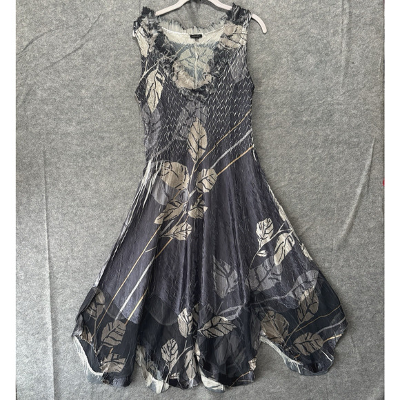 Komarov Sleeveless Dress Womens XL Black Silver Charmeuse Chiffon‎ Fit Flare - Picture 1 of 8